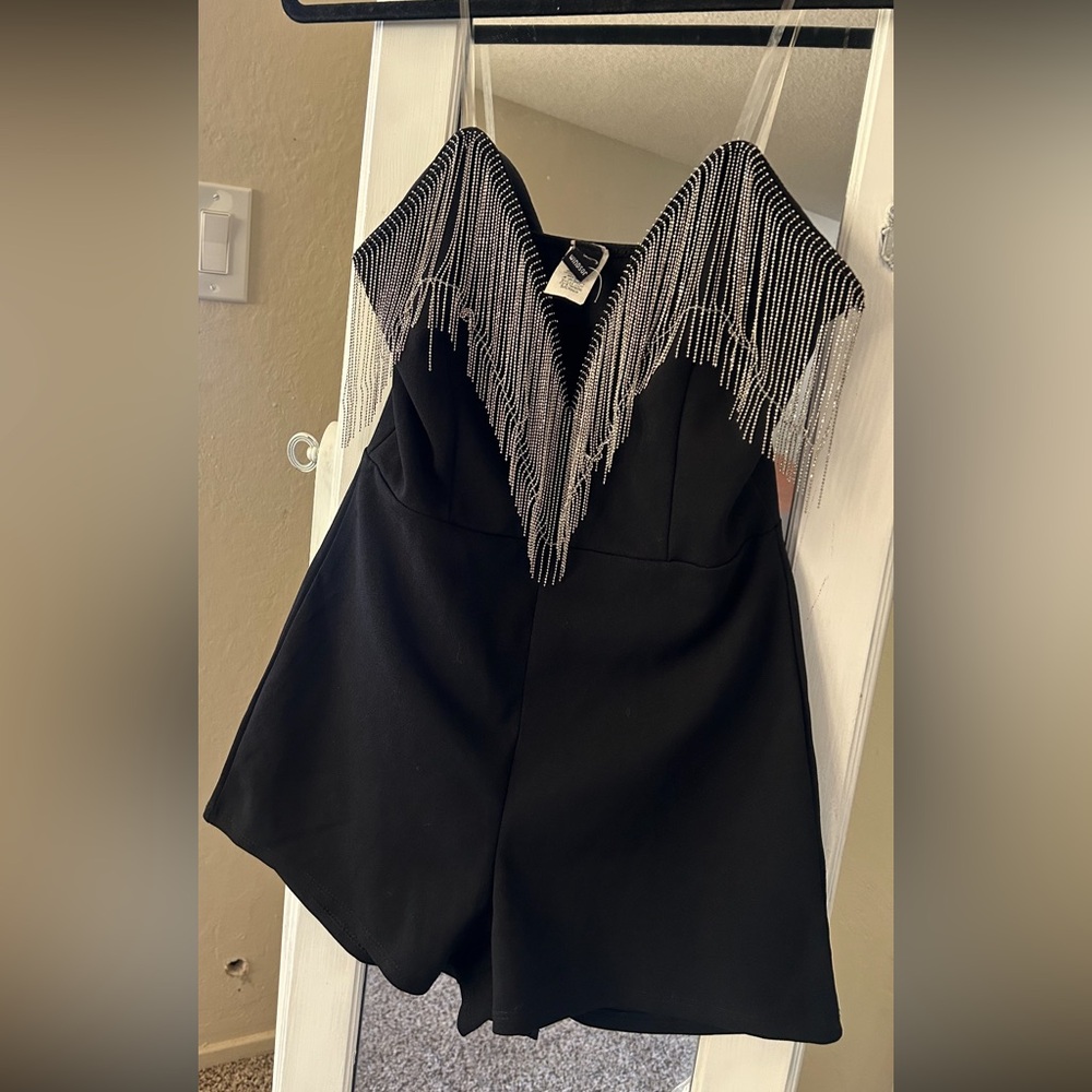 Windsor Black Romper with Metallic Fringe